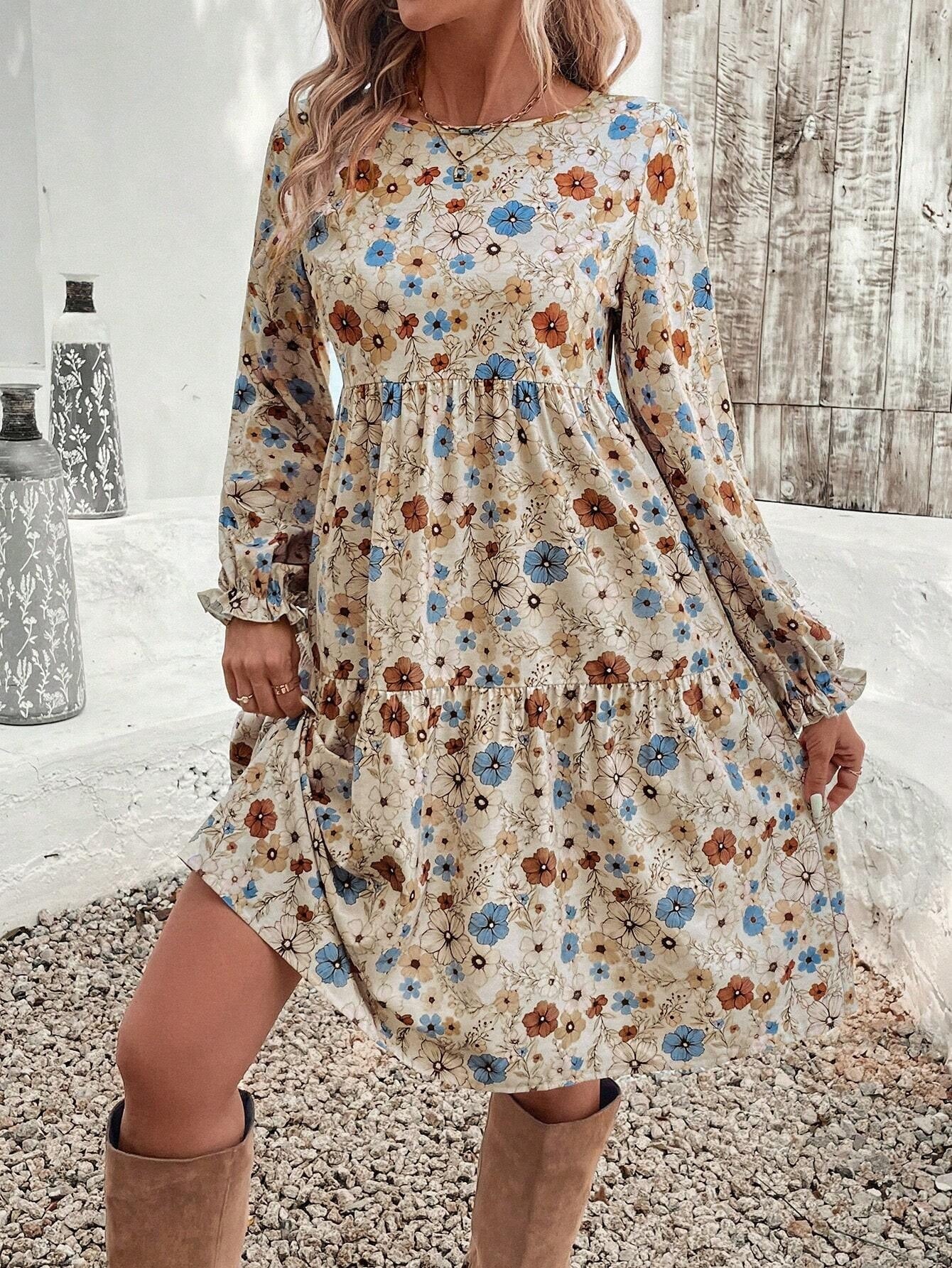 Norma Premium Women's Floral Dress with a Casual Cut and Puff Sleeves Wardrobe Essential