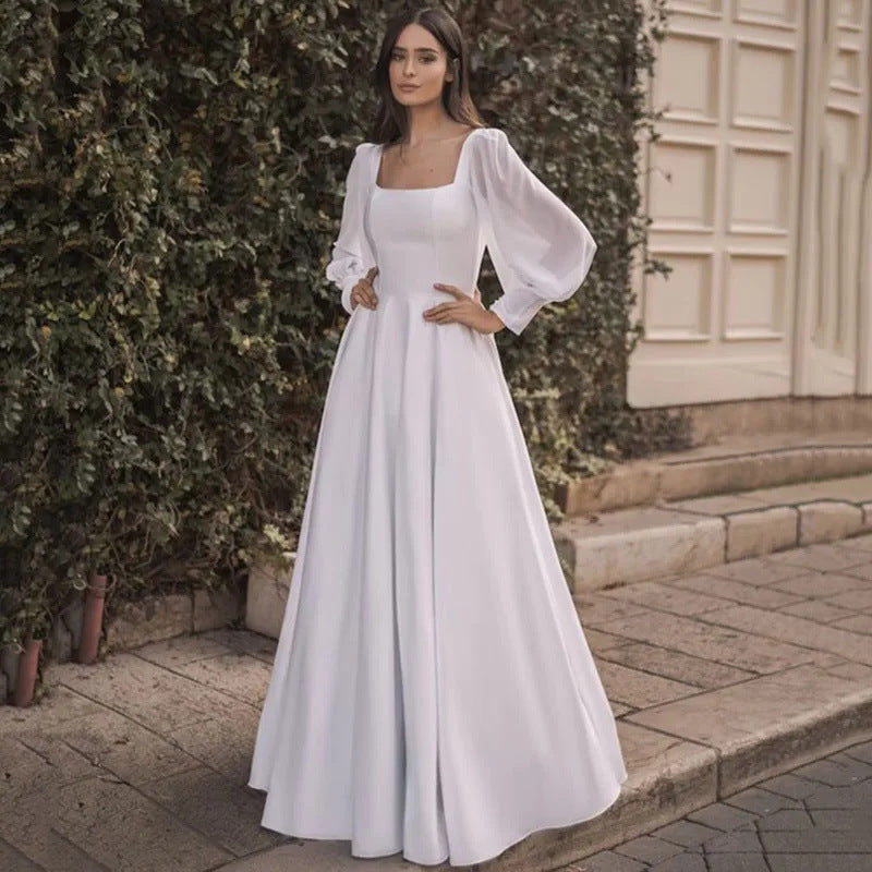 Satin Chiffon Sleeve Backless Wedding Dress - Fashionpara