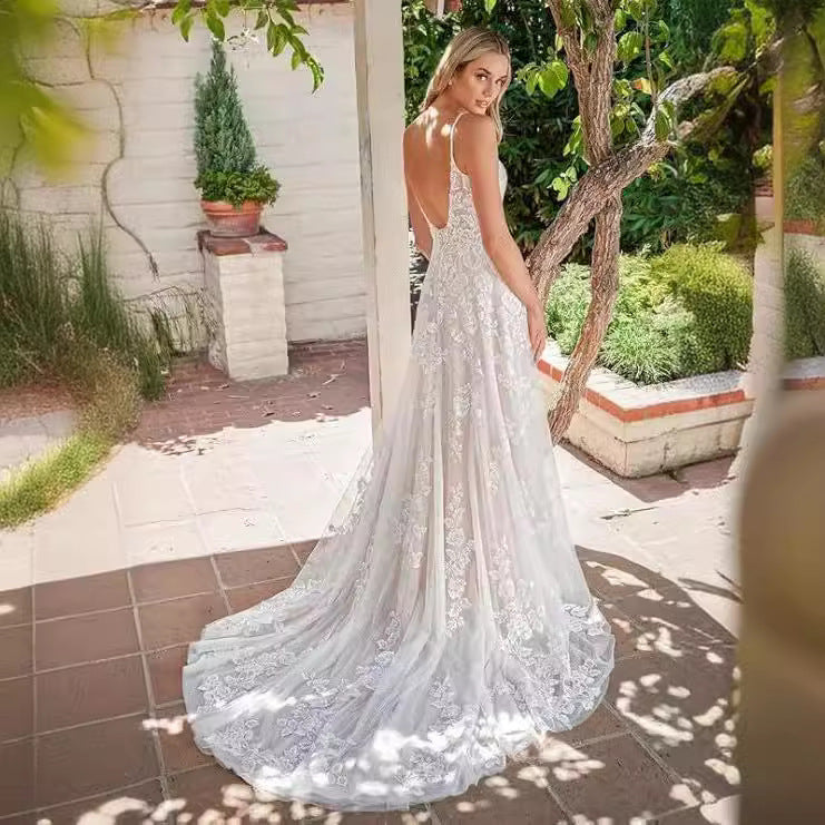 Spaghetti Strap Sheer Tail Wedding Dress - Fashionpara