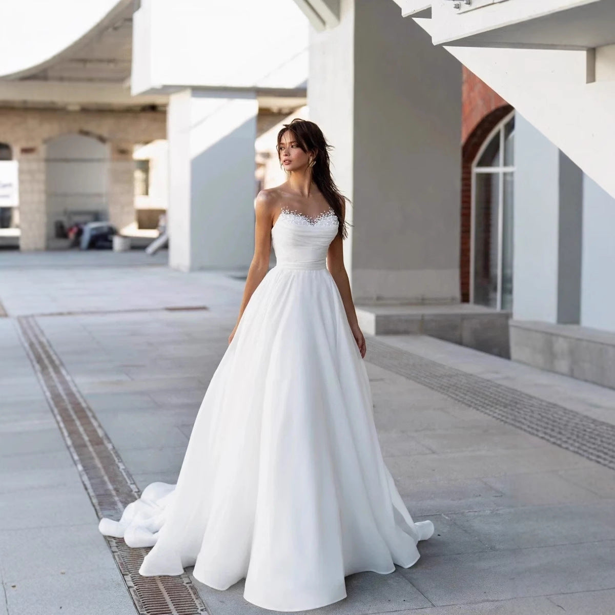 Strapless Sweet Lace Long Train Wedding Dress - Fashionpara
