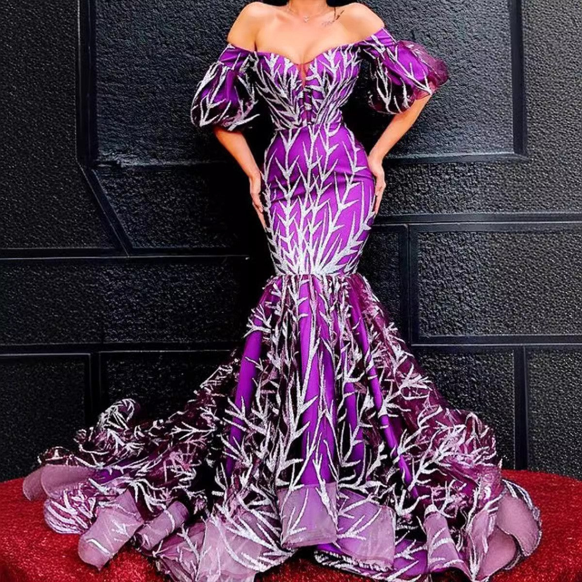 Women Clothing Dress Tube Top Golden Thorn Maxi Dress Stitching Fishtail Gown