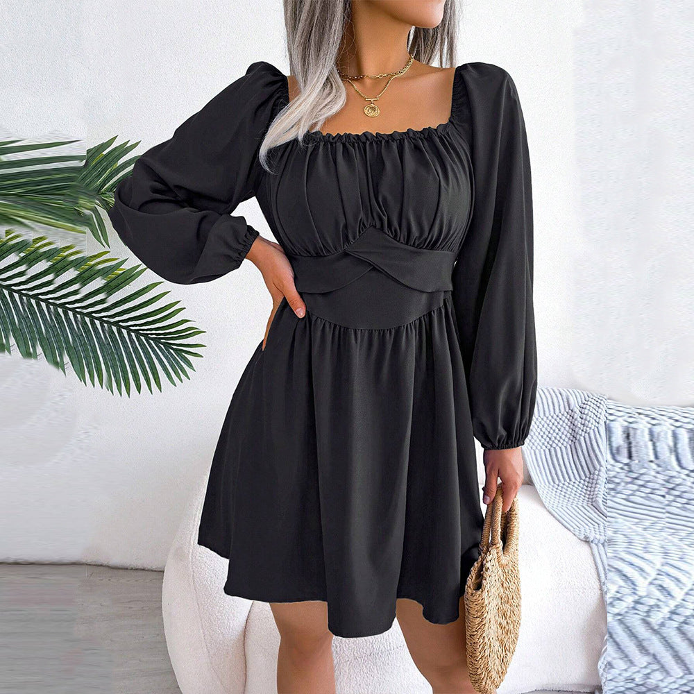 French Intellectual Square Collar Dress Pleated Waist Tight Slimming High Grade