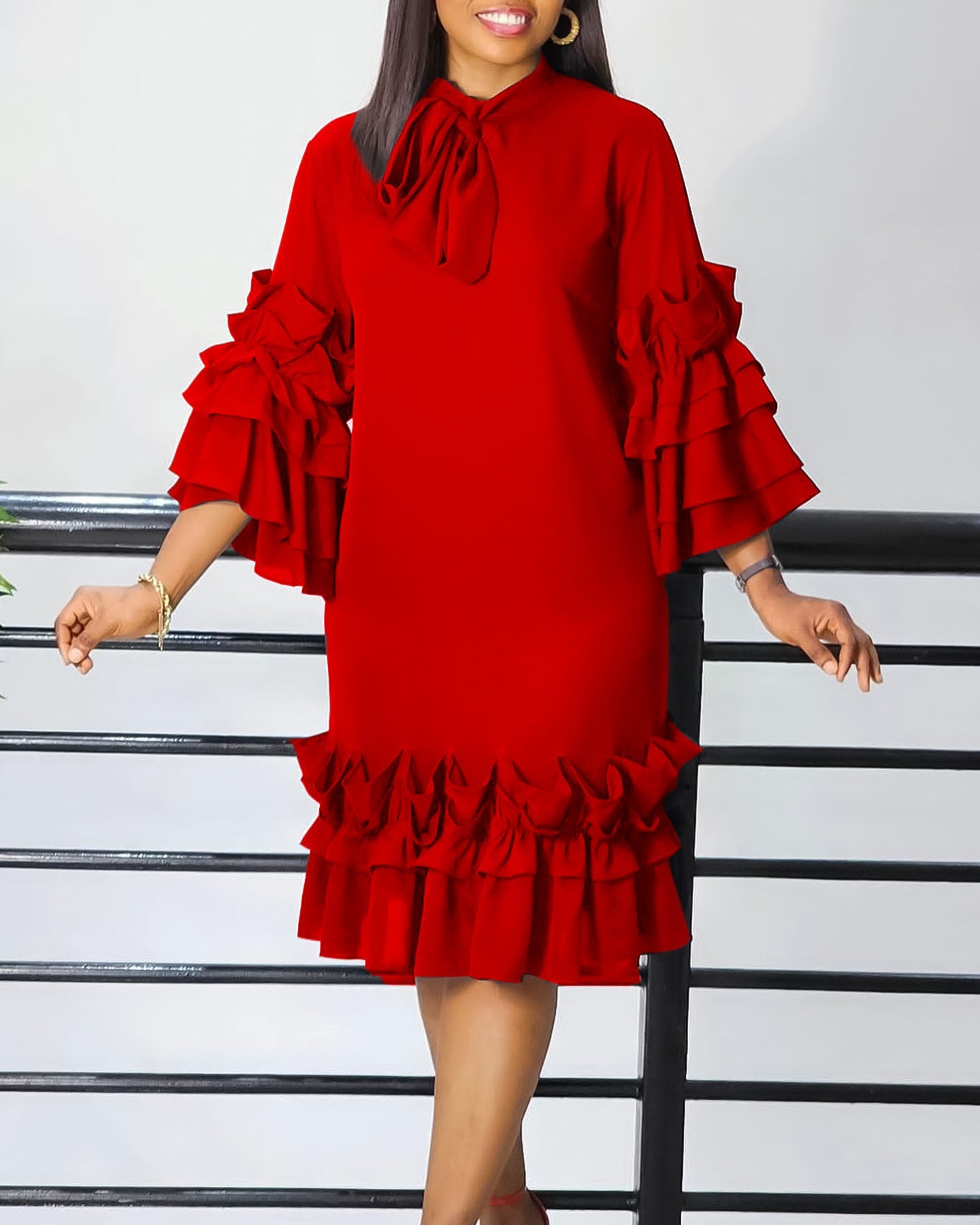 Chic Frilled Hem Bell Sleeve Solid Midi Dress - Fashionpara