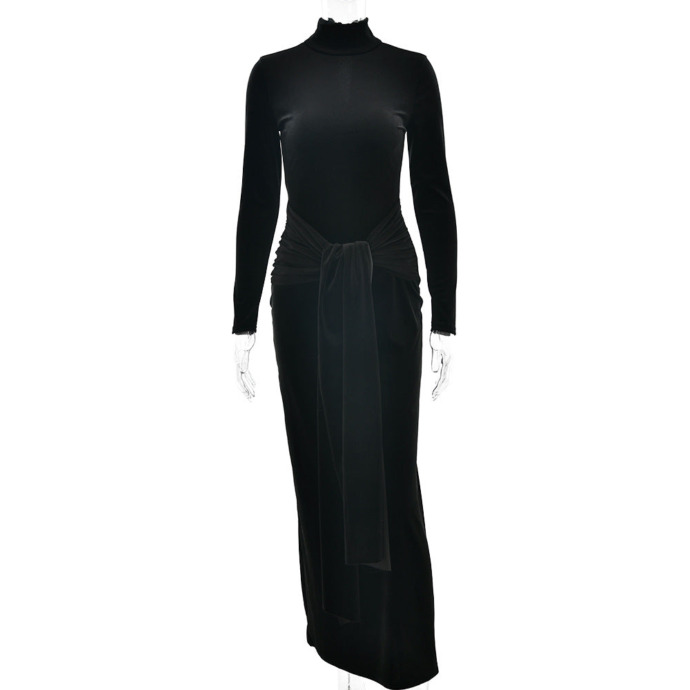 Autumn Winter Chic Women Clothing Dress Half High Collar Long Sleeves Solid Color Maxi Dress Lace up Pleated Dress