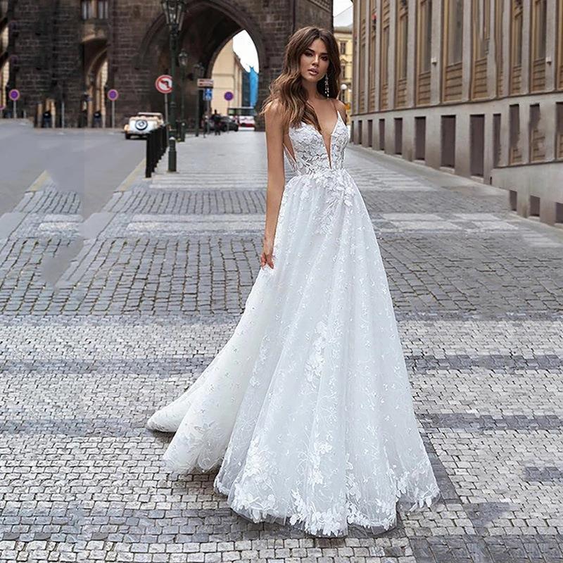 V-Neck Mermaid Sheer Tulle Wedding Dress - Fashionpara