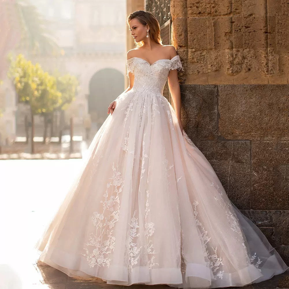 Off-Shoulder Starry Sheer Wedding Dress - Fashionpara