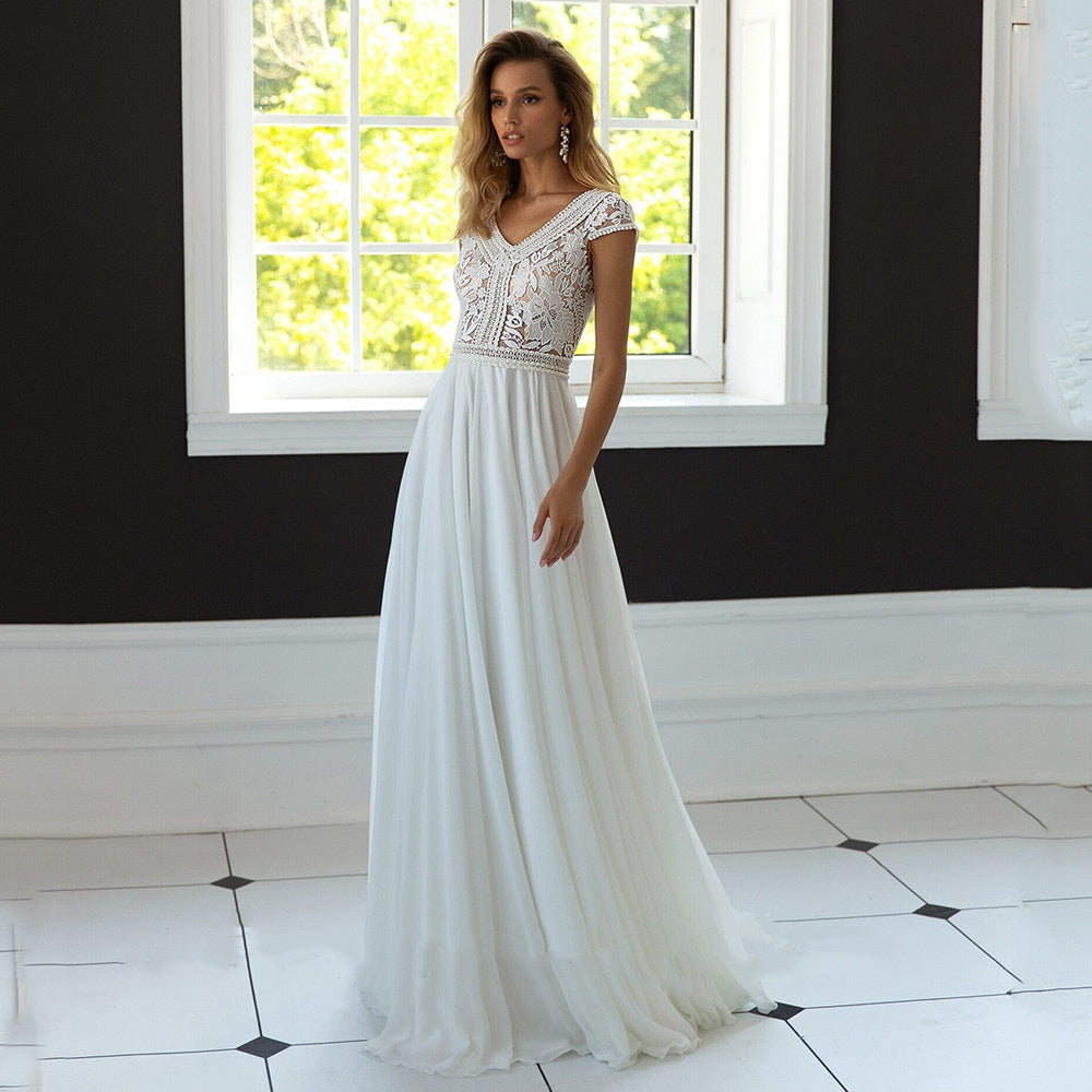 V-Neck A-Line Chiffon Bridal Wedding Dress - Fashionpara