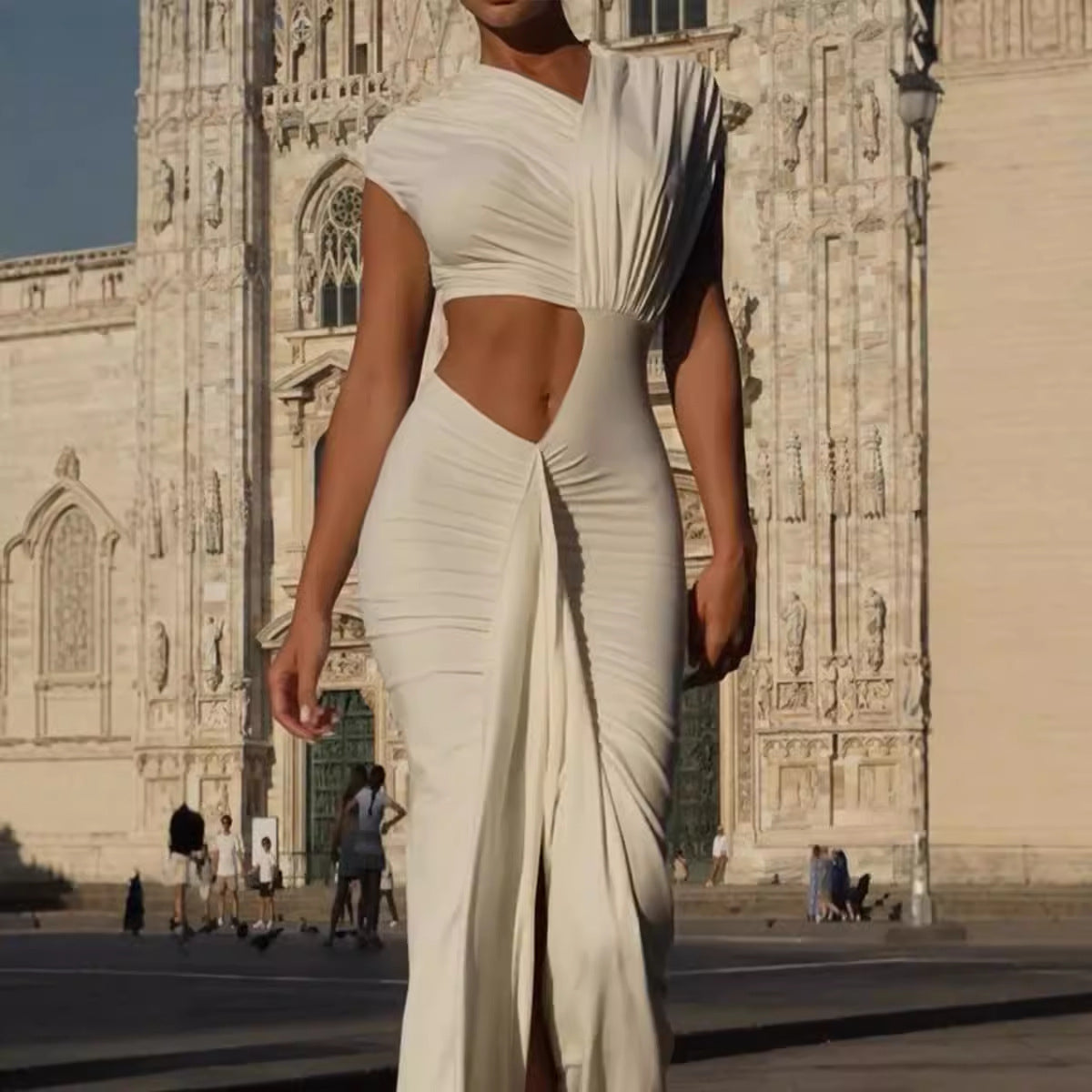 Hollow Out Ruched Irregular Prom Dress - Fashionpara