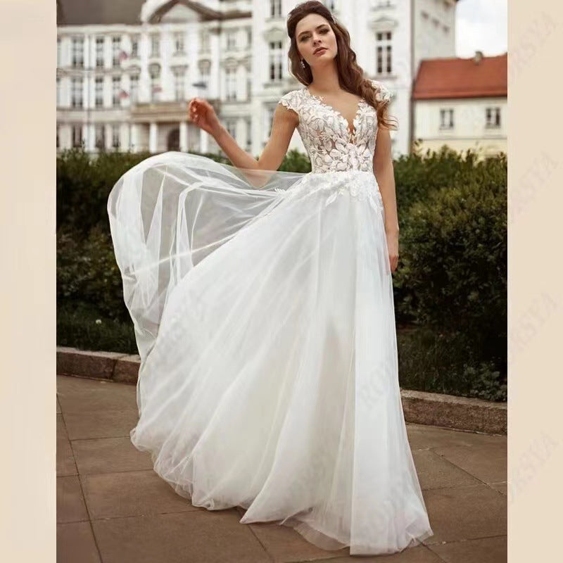 Double Strap Lace V-Neck Wedding Dress - Fashionpara