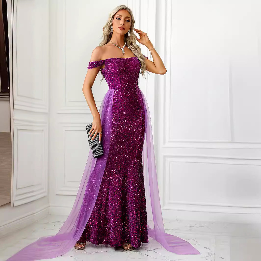Off Neck Backless Drop Shoulder Dress Mop Mesh Decoration Maxi Dress