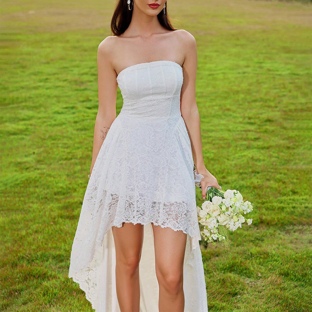 Elegant Casual Dress Tube Top Lace Ruffled Vacation Wedding Dress - Fashionpara