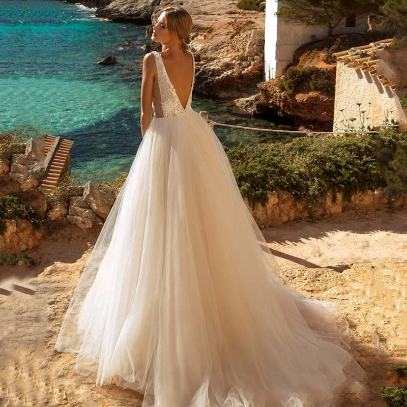 Deep V-Neck Backless Sheer Wedding Dress - Fashionpara