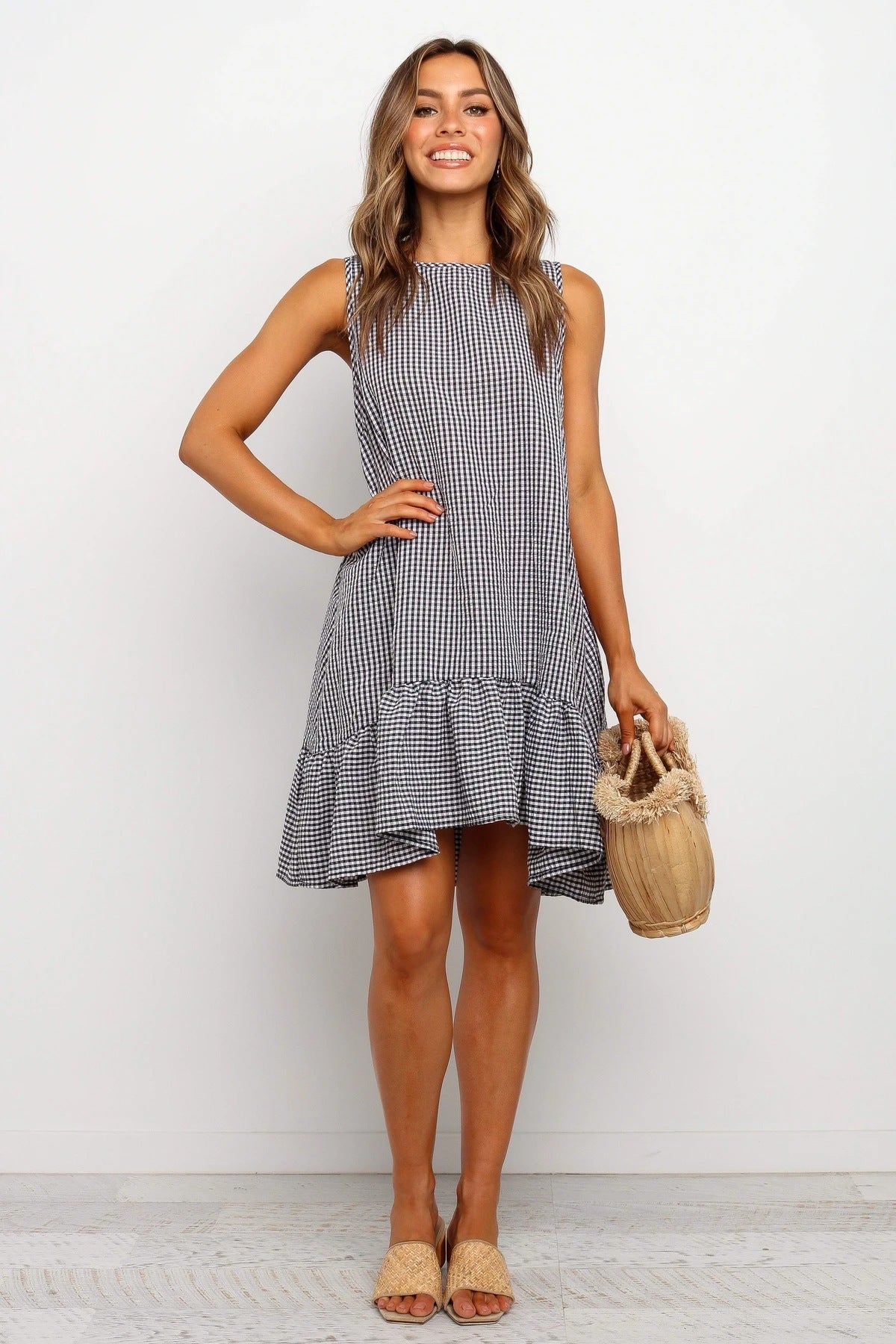 Virna Pocketed Gingham Tiered Babydoll Dress Black