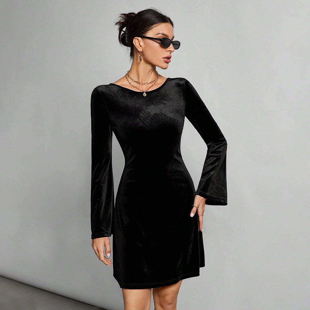 Simple Intellectual Dress Backless Lace Up All Match Black Dress