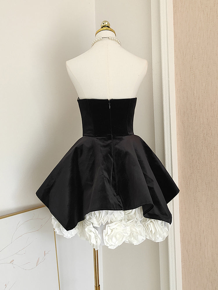 Sexy A line Strapless Velvet Black Holiday Dress Travel Vacation Dresses Short Birthday Dress