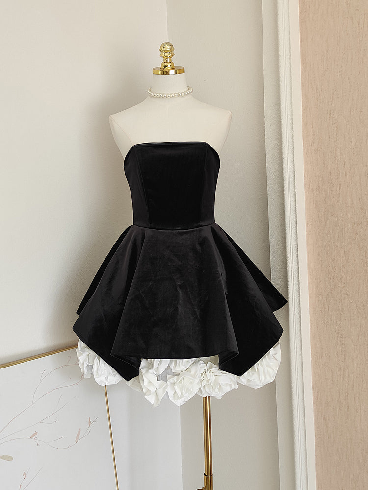 Sexy A line Strapless Velvet Black Holiday Dress Travel Vacation Dresses Short Birthday Dress