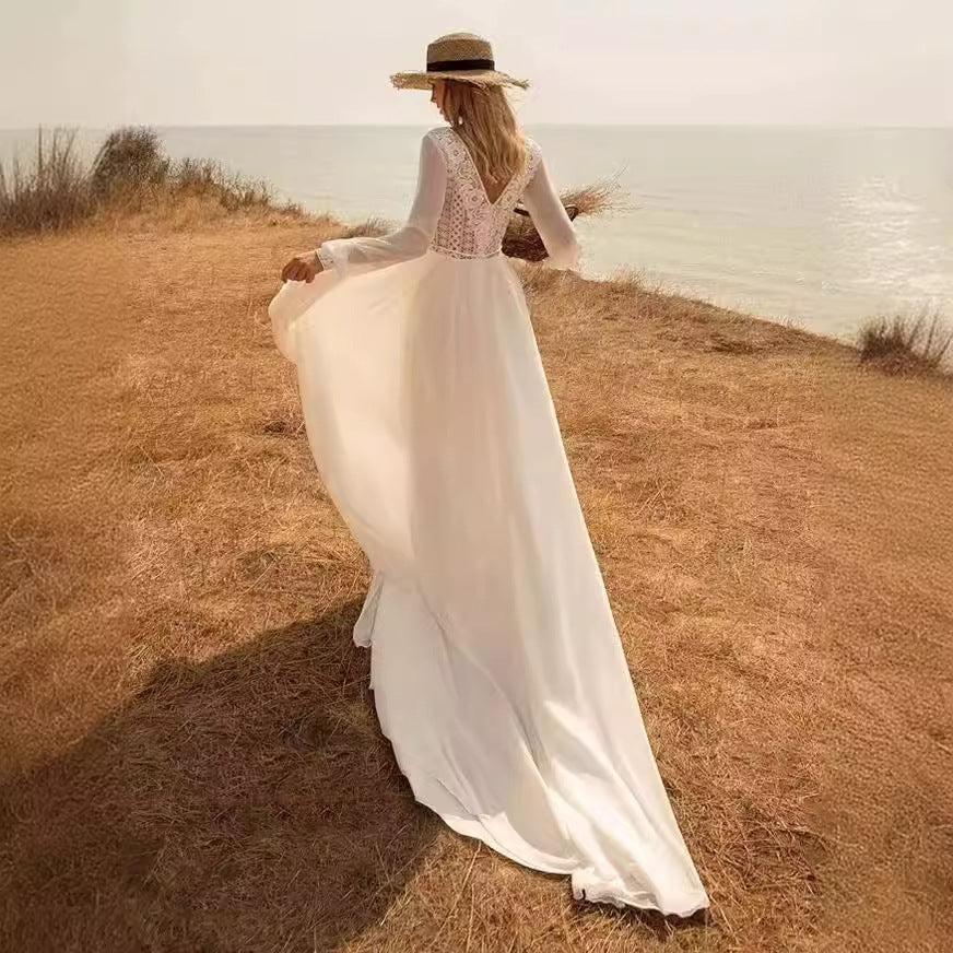 Deep V-Neck Long Sleeve Bridal Wedding Dress - Fashionpara