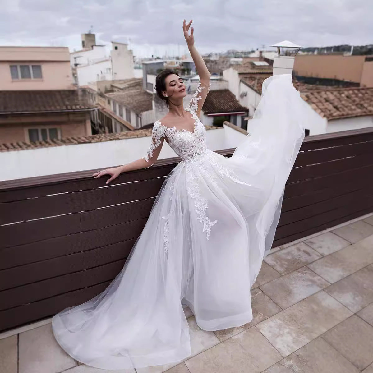 French V-Neck Long Sleeve Wedding Dress - Fashionpara