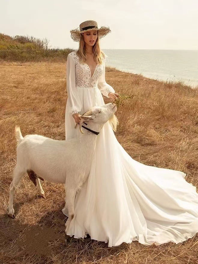 Deep V-Neck Long Sleeve Bridal Wedding Dress - Fashionpara