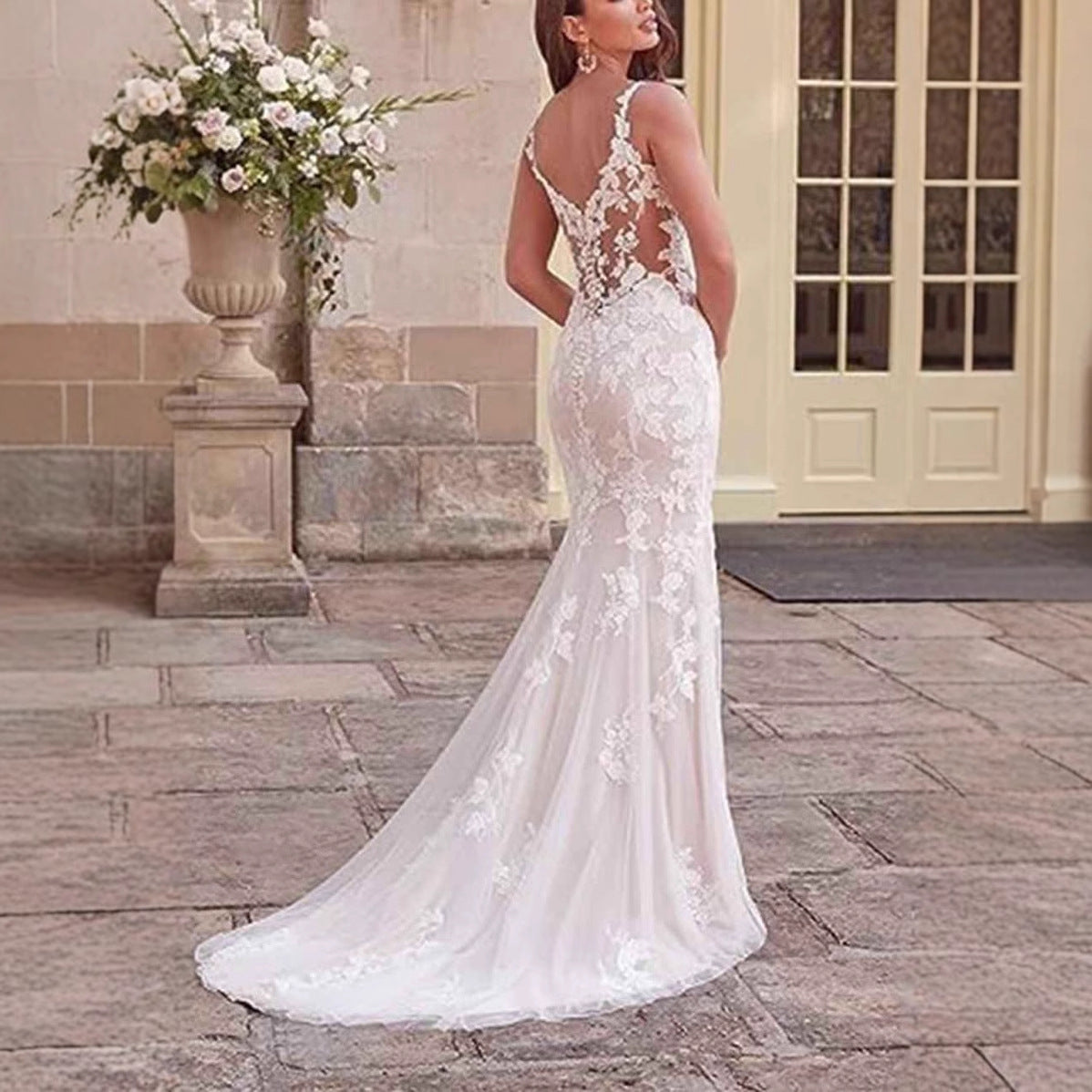 V-Neck Lace Mermaid Bridal Wedding Dress - Fashionpara