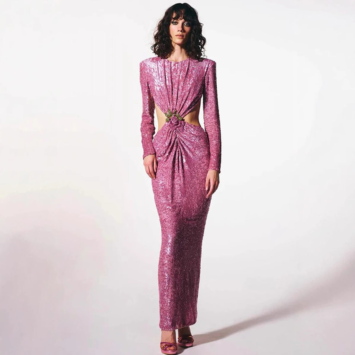 Ruched Sequin Waist Cutout Prom Dress - Fashionpara