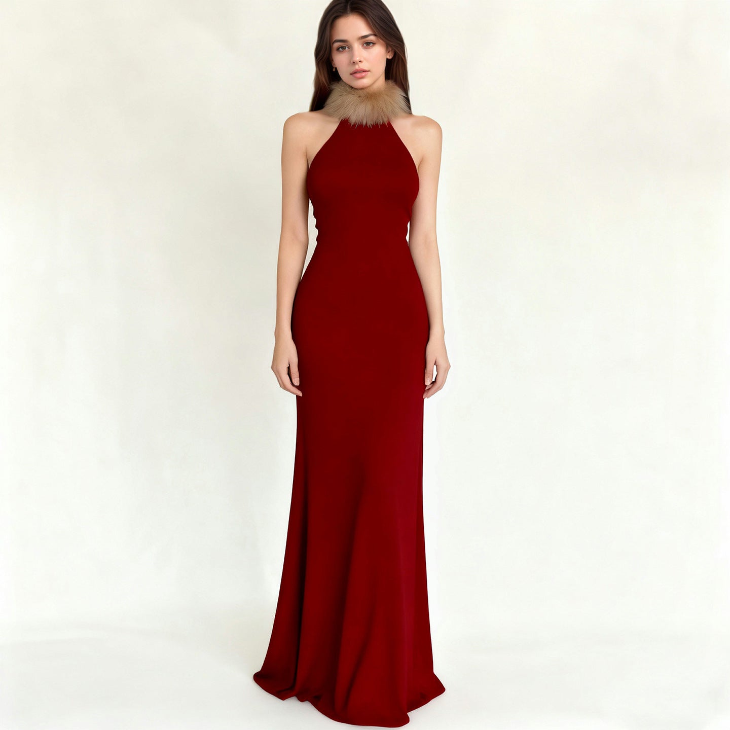 Retro Christmas Red Fur Stitching Contrast Color Vest Maxi Dress Refined Slim Mop Evening Dress Annual Party Dress