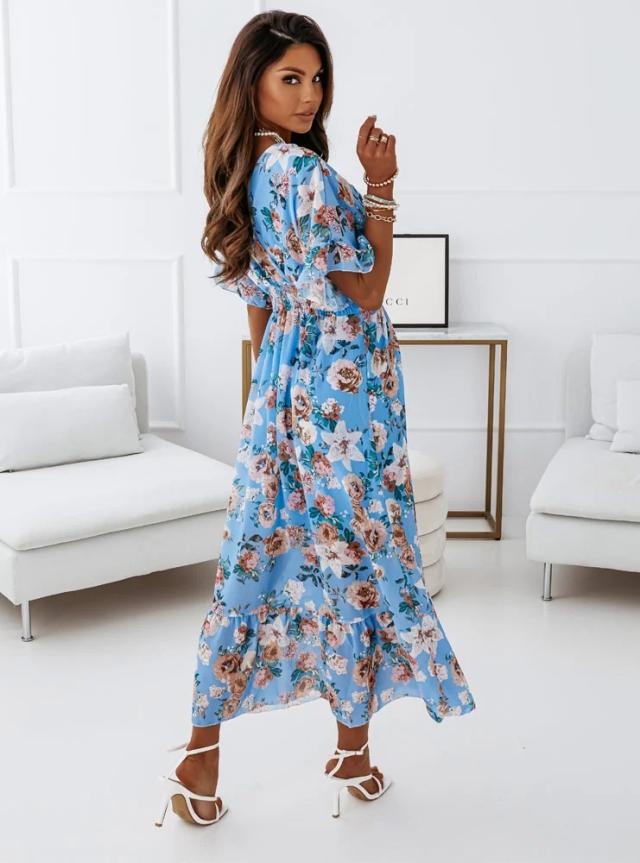 Bodey Floral Tiered Cutout Maxi Dress Light Blue