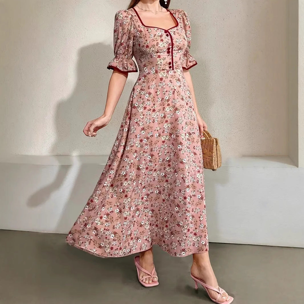 Noemí Effortless Women's Floral Print Maxi Dress with Chic Square Neckline and Puff Sleeves Everyday Luxe Edit