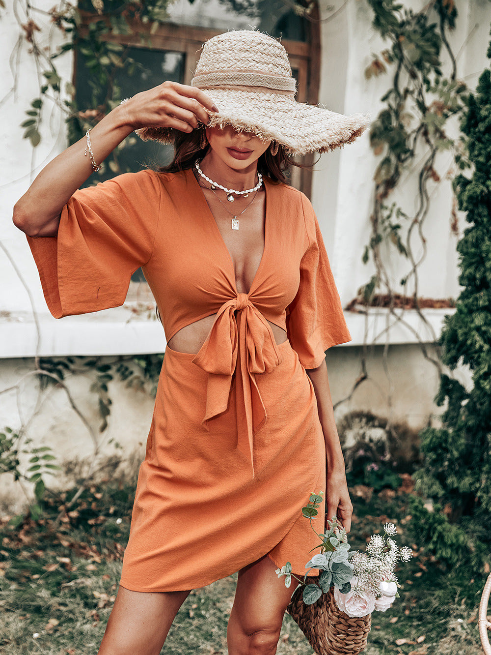 Jenner Linen Blend Tie Front Cutout Midi Dress Orange