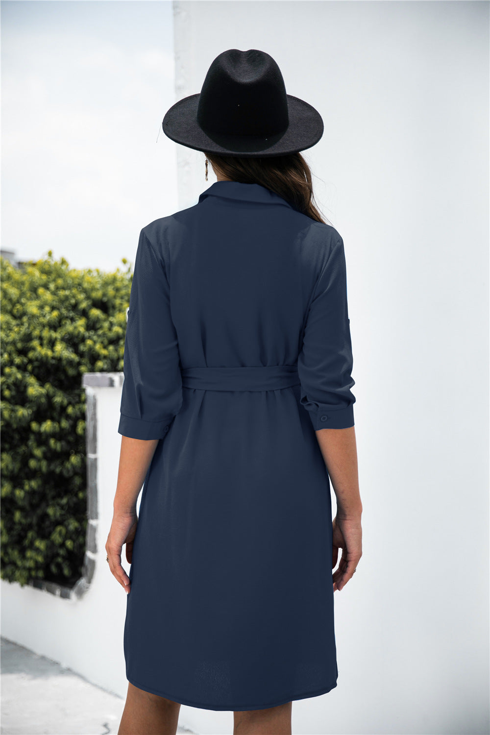 Office Chic Button Down Shirt Dress Navy