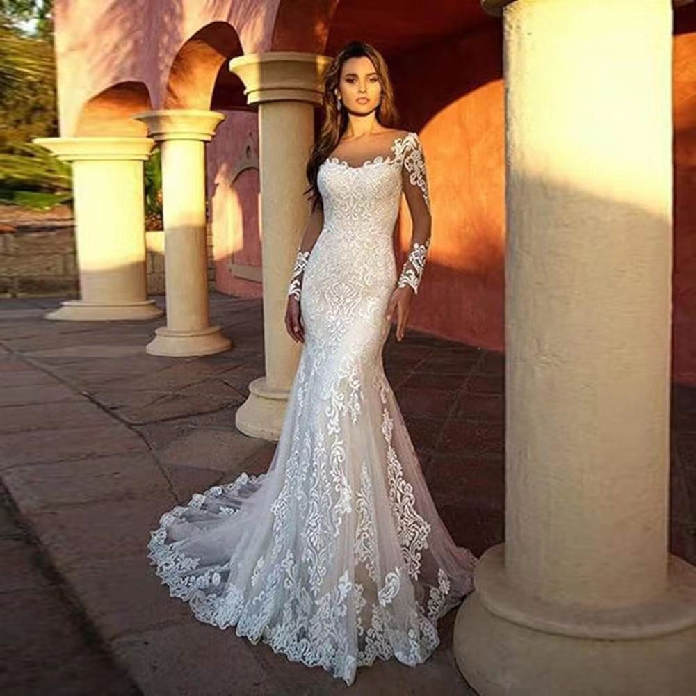 Deep V-Neck Lace Mermaid Wedding Dress - Fashionpara