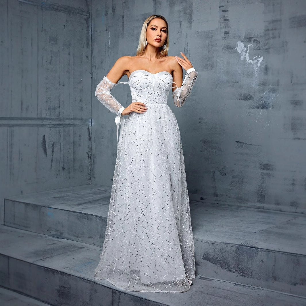 Off Shoulder Tube Top Evening Dress Backless Slit Dress Studio Photography Travel Photography Lightweight Wedding Dress Annual Meeting Dress - Fashionpara
