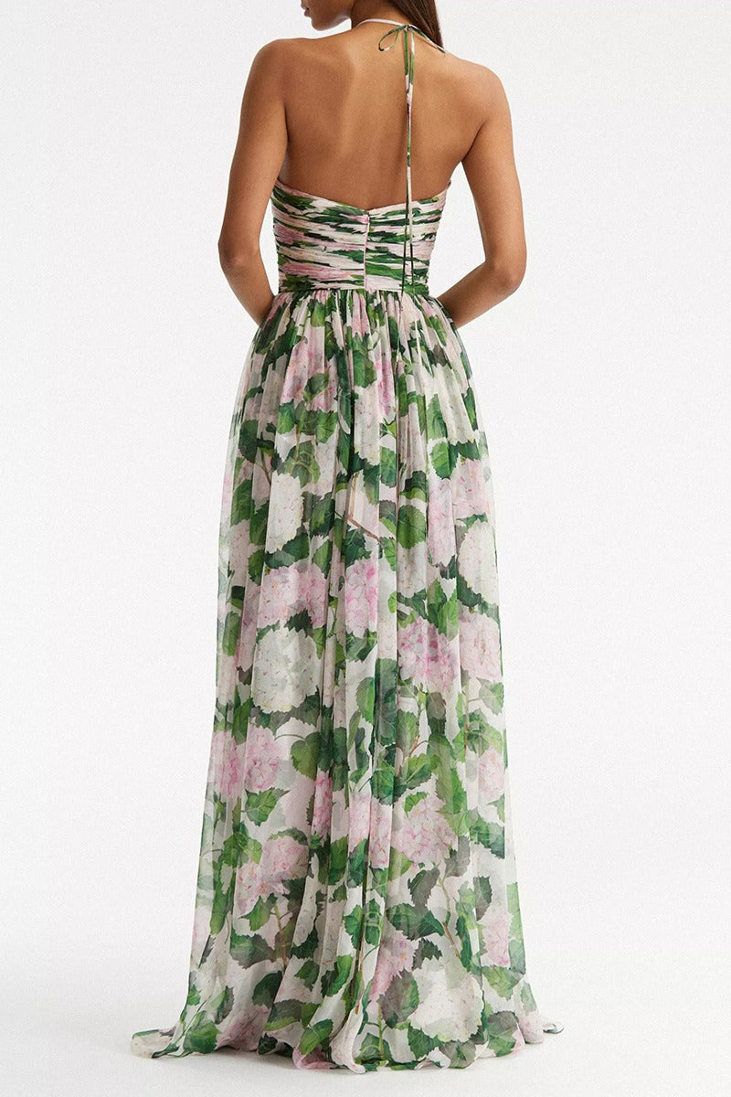 Sandra Aesthetic Halter Neck Maxi Dress with Floral Print Premium Wardrobe Essential