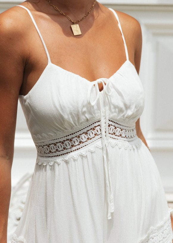 Aurelia Lace Trim Maxi Dress White Smocked Sundress with Adjustable Straps
