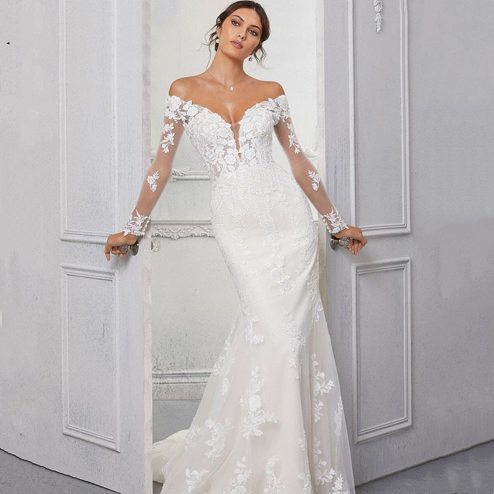 Lace Mermaid Long Train Wedding Dress - Fashionpara