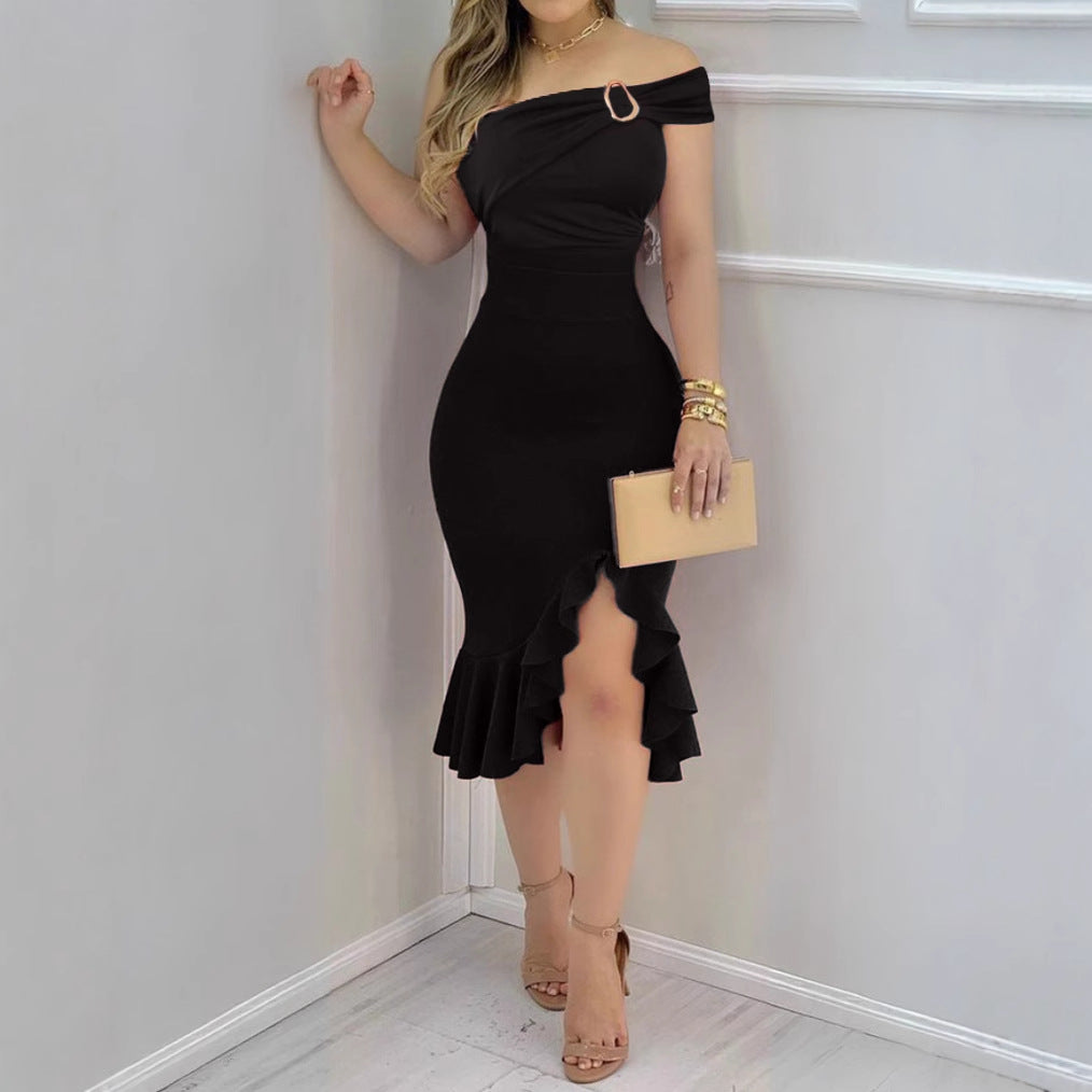 Natacha Minimalist Women's Evening Dress with Off the Shoulder Design and Voluminous Skirt Boutique Collection