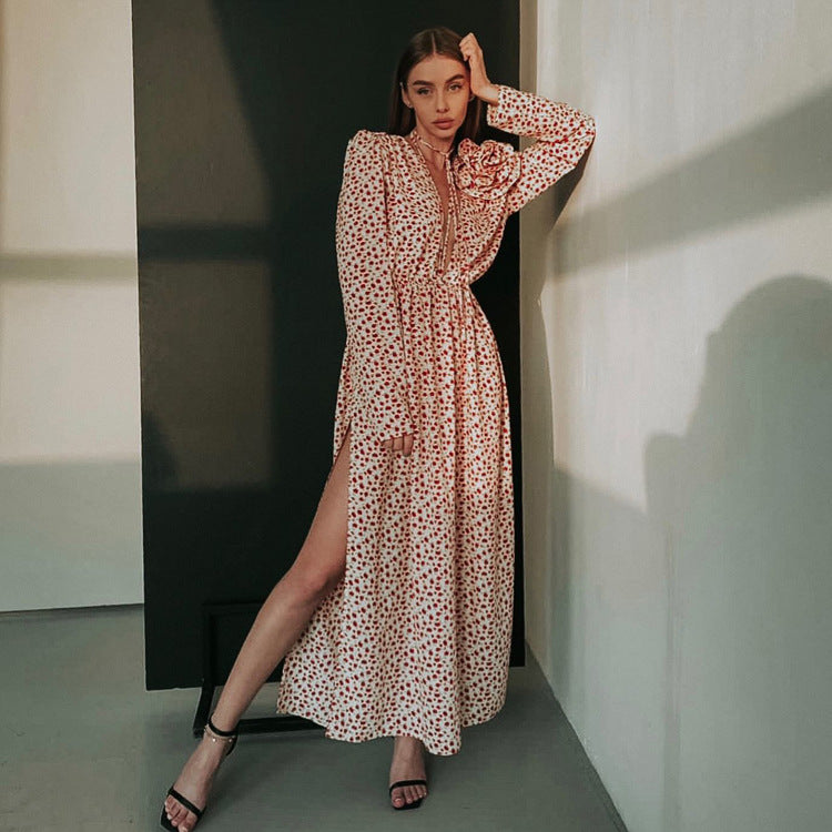 Early Floral Dress Deep V Plunge - neck Lace Up Waist Side Slit Dress