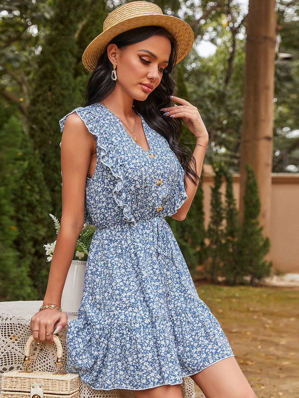 Escondido Floral Tiered Babydoll Dress Dark Navy Multi