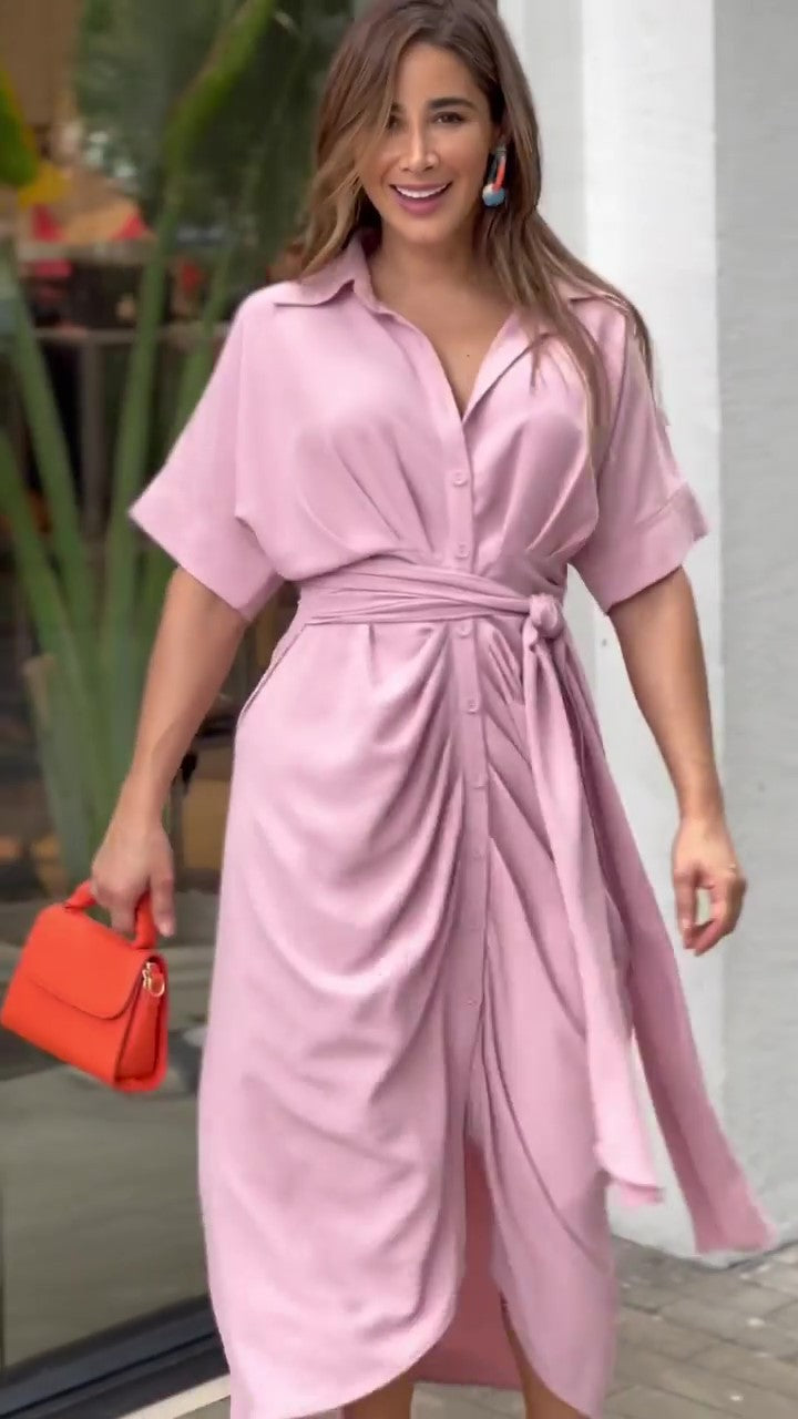Essence Satin Tie Front Midi Shirt Dress Lavender