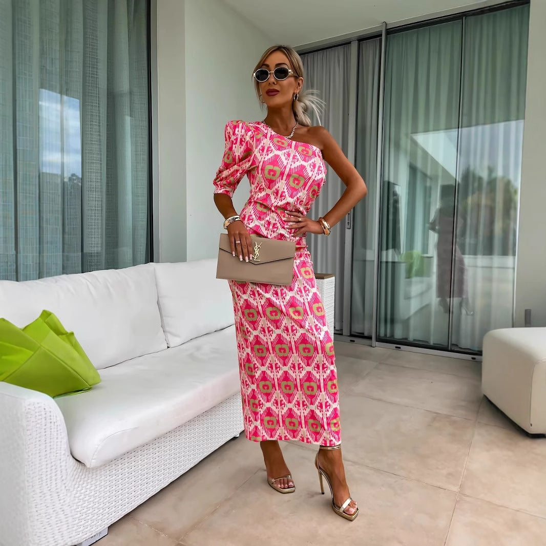 Yesica Minimalist Women's Asymmetric Maxi Dress with Puff Sleeves and Eye Catching Pattern Everyday Luxe Edit