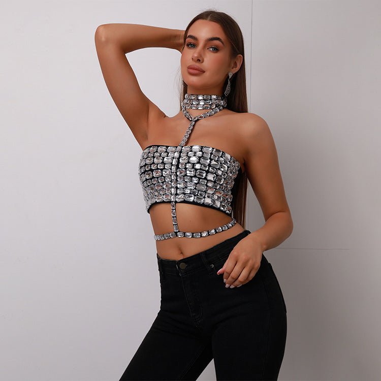 Halter Beaded Lace-Up Bandage Crop Prom Dress - Fashionpara