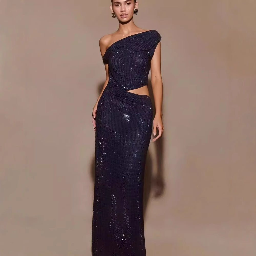 Cutout Rhinestone Halter Slit Prom Dress - Fashionpara