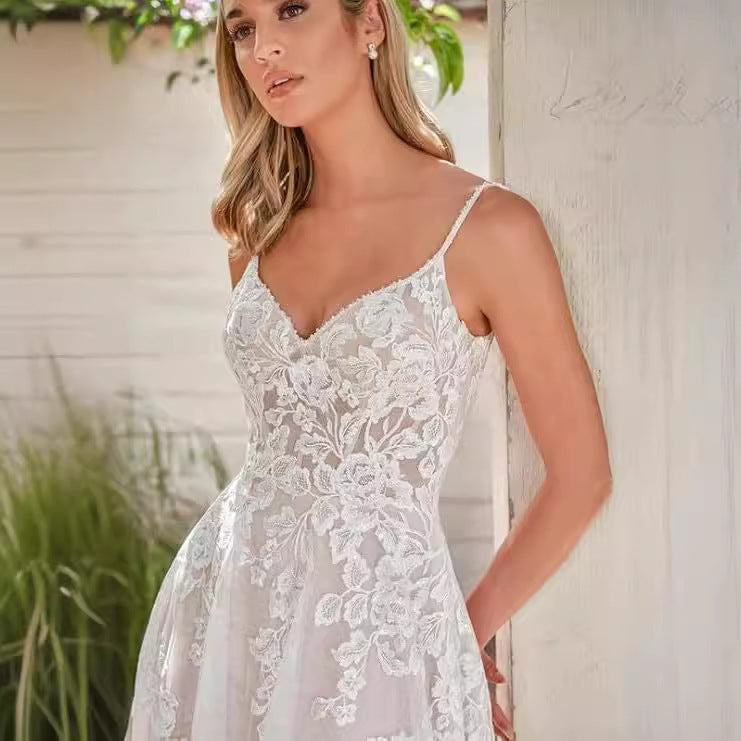 Spaghetti Strap Sheer Tail Wedding Dress - Fashionpara
