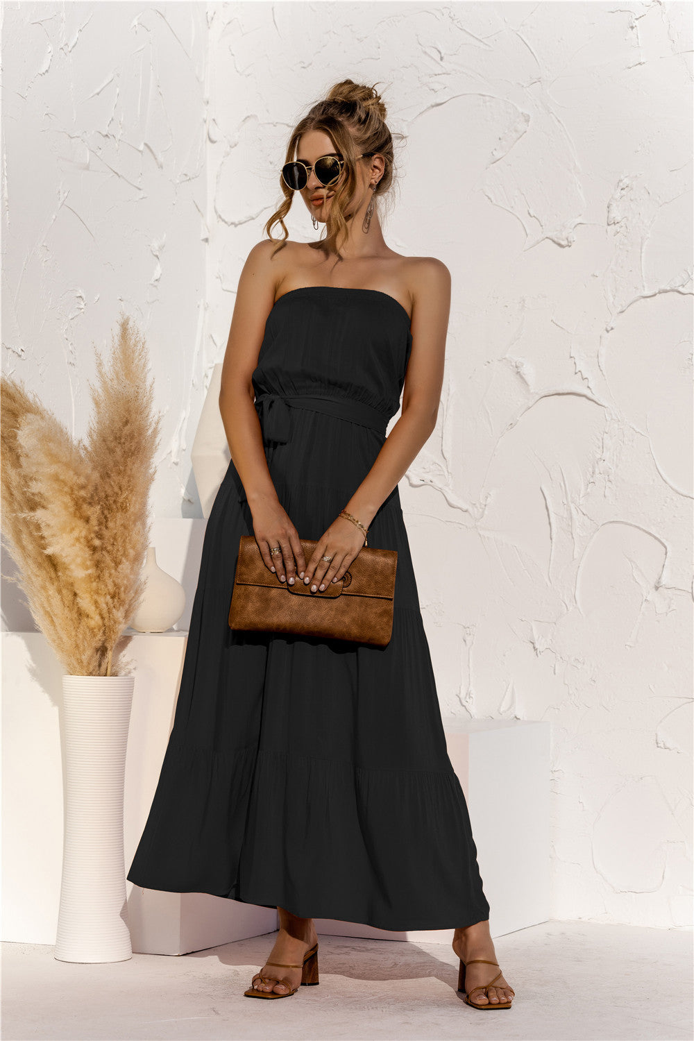 Free Falling Strapless Tiered Maxi Dress Olive