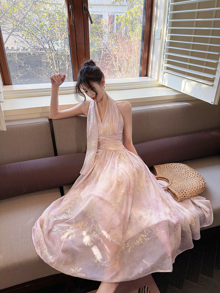 French-Style EmbroideredLong Dress  Halter Neck Floral Maxi Dress L79