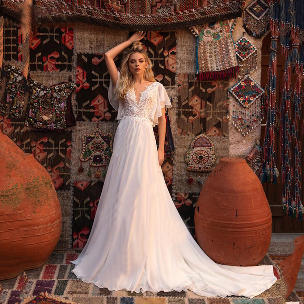 Short Sleeve Deep V-Neck Sheer Wedding Dress - Fashionpara