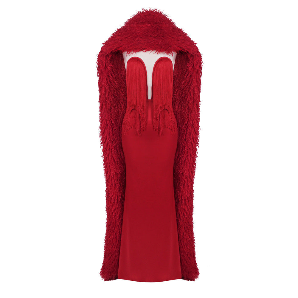 Autumn Winter Christmas High Sense Red Waisted Maxi Dress High Premium Heavy Industry Dress Shawl Cocktail Tube Top