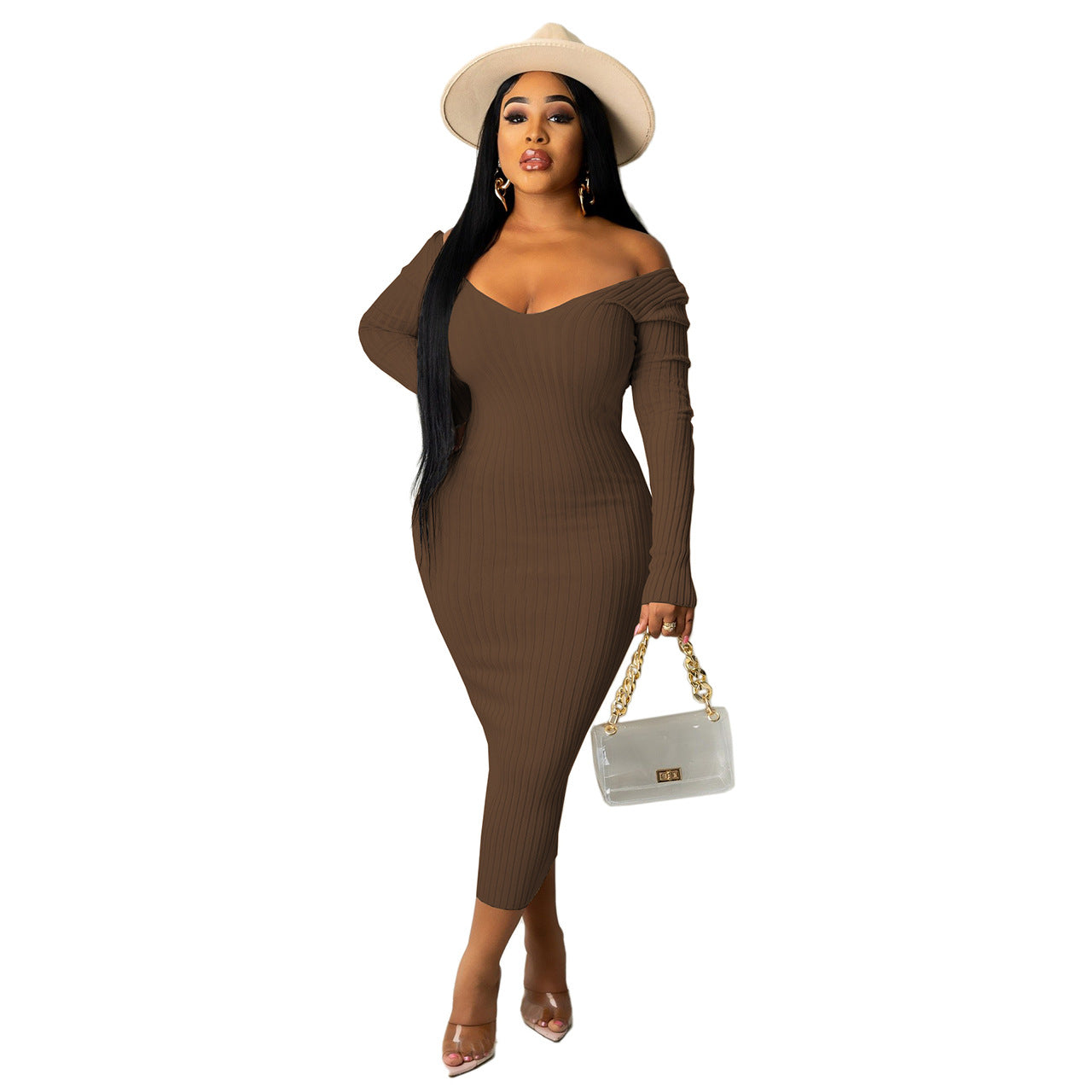 Troy Off The Shoulder Knit Midi Dress Chocolate FINAL