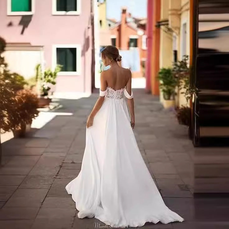Off-Shoulder High Slit Long Train Wedding Dress - Fashionpara