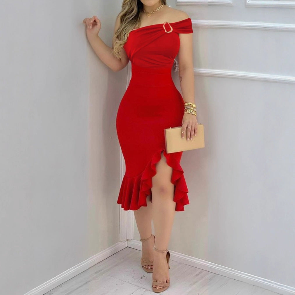Natacha Minimalist Women's Evening Dress with Off the Shoulder Design and Voluminous Skirt Boutique Collection
